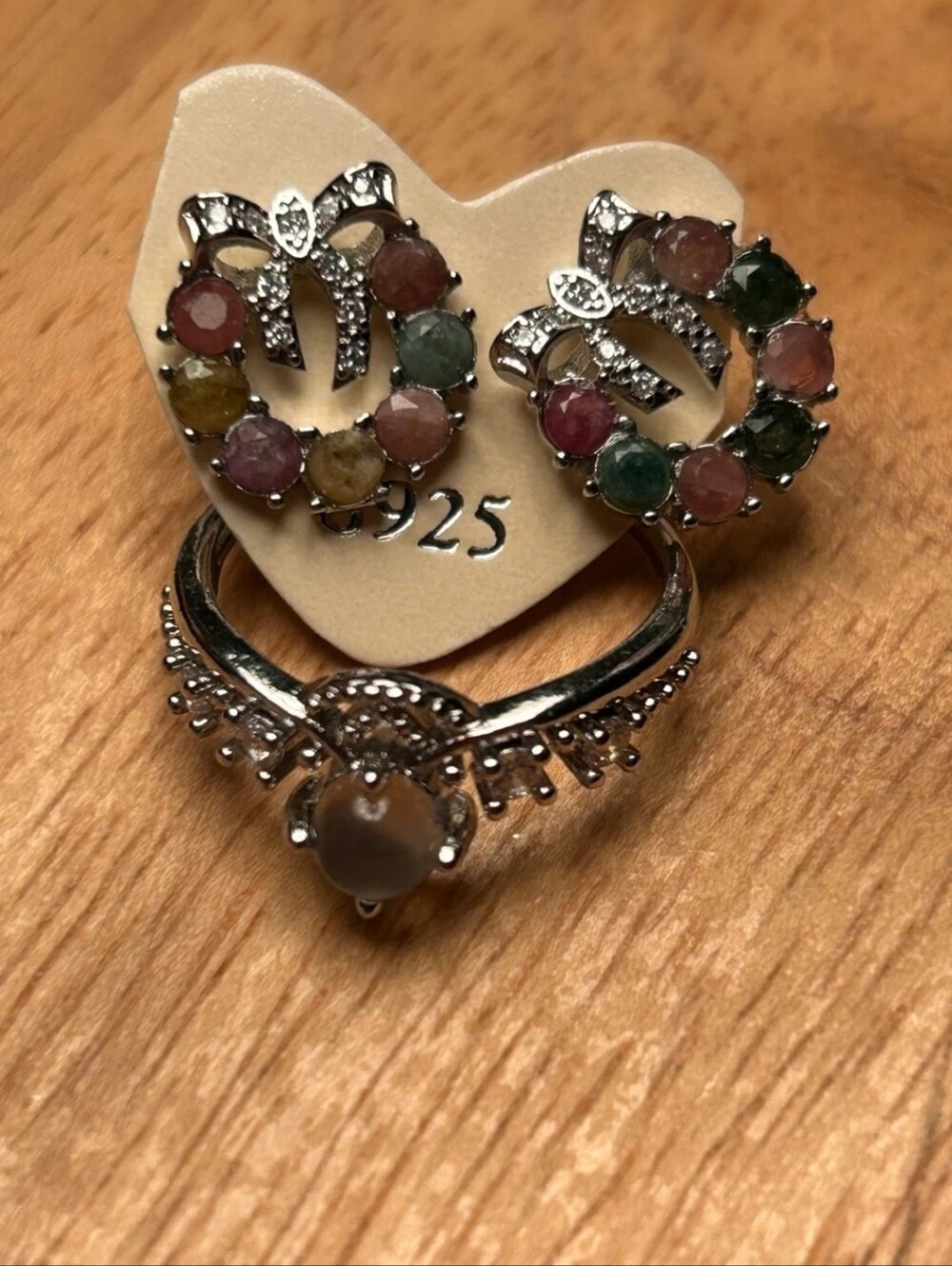 Sterling Silver Multicolor Stone Wreath Earrings and Ring Set